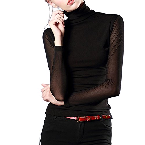 Fendou Womens Turtleneck Long Sleeve Stretchy Slim Fit T-Shirts Top (L, Black)