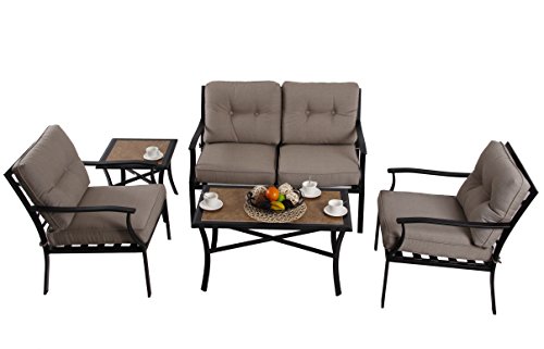 PHI VILLA Patio 5 PC Padded Conversation Set Cushioned Chairs Outdoor Sectional Furniture, Beige