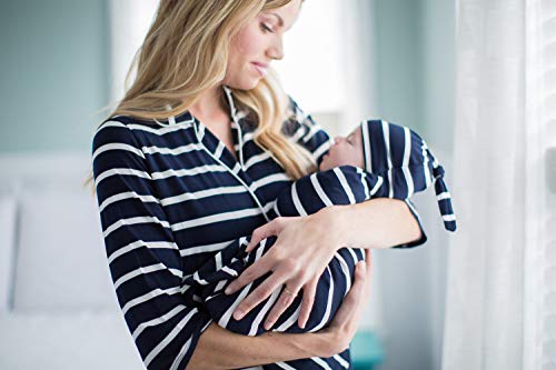 Matching Maternity/Delivery Robe with Baby Swaddle Set, Mom and Baby (Navy Blue Stripe, L/XL pre Pregnancy 12-18) - Thumbnail 6