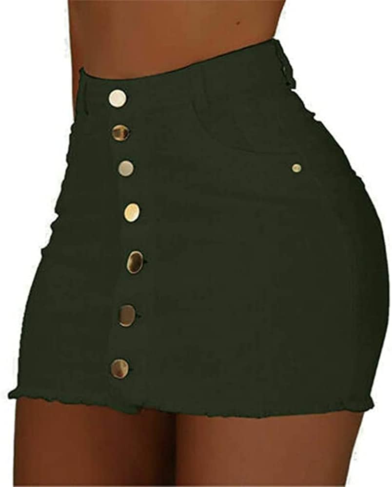 wdehow Women's Denim Skirt High Waist Button Irregular Split Fringed