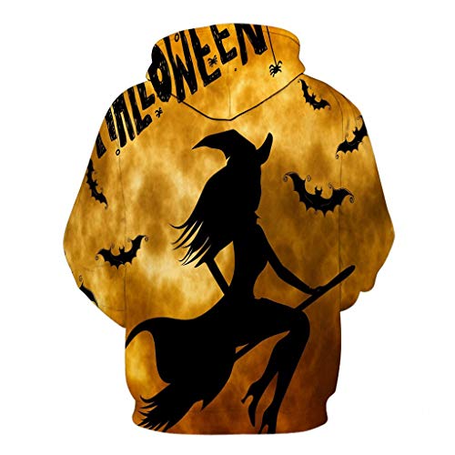 Jessie storee Helloween Hooded Sweatshirt 3D Printed Witch Bat Silhouette Print Pullover Hoodie for Men Couples Unisex Horror Clothing Large Size Sweater Loose Baseball Uniform Tide,Yellow,L - Thumbnail 3