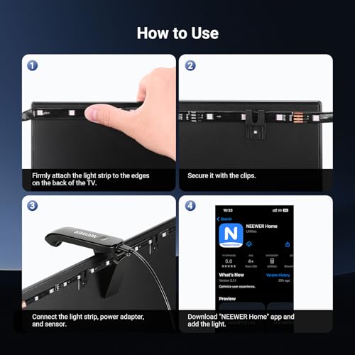 NEEWER TV Backlight for 75"-85" Screens, 16ft/5m LED RGB Light Strips with Sensor Change with TV, Scheduled On/Off, Zero Delay Color Sync, Music Sync, 24 Scene Effects, Supports App Control, NS03
