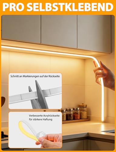 OYKYOHEI COB LED Strip, Warm White, Dimmable, 3 m LED Strip with Remote Control, 3000 K, Self-Adhesive, Waterproof Neon LED Strip, 10 mm Wide, Silicone Flexible Light Strip for TV, Bedroom, CRI90+