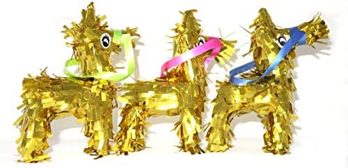 4E's Novelty Set Of 3 Mini Gold Fringe Donkey Piñata Decorations 5" x 7 1/2" Sinco de Mayo and Fiesta Supplies, Great Birthday Party Favors for Kids.