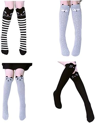 Cartoon Animal Cute Girls socks Cotton Over Calf Knee High Socks One Size pack of 4/8 Pairs (4 Color-C)
