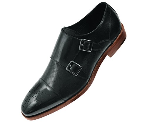 Asher Green Mens Dress Shoes, Genuine Calf Leather Cap Toe, Comfortable Double Monk Strap Black