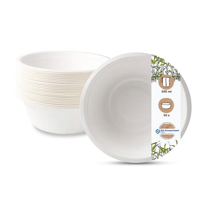 BIOZOYG Disposable Tableware Bowls Made from Sugar Cane I compostable, Biodegradable Tableware I Soup Plates Small Bowl Pasta Plate Serving Bowl I 50 x Soup Bowl 500ml, Round 15cm