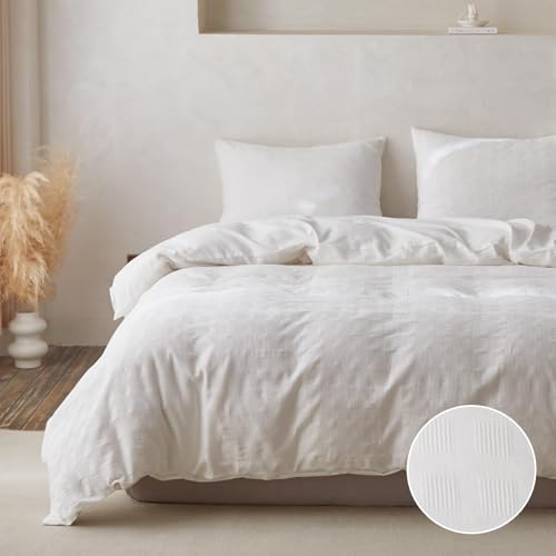BISELINA 100% Cotton Duvet Cover Set Waffle Weave 3PCS (1 Comforter Cover, 2 Pillow Shams) Reversible Soft Skin-Friendly Breathable Shabby Chic Bedding for All Season - White, Queen Size at Amazon