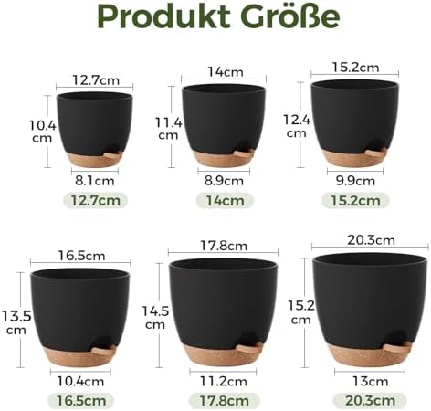 Blumentöpfe 6 Set Selbstbewässernd Schwarz 20.3cm/17.8cm/16.5cm/15.2cm/14cm/12.7cm Blumentopf Pflanzentopf mit Untersetzer,Anzuchttöpfe,Zimmerpflanzen,Fensterbank deko