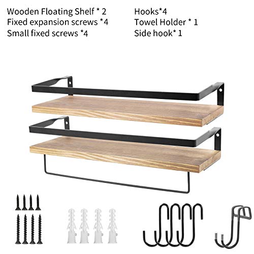 Floating Shelves Wall Mounted, Rustic Wood Wall Shelves with 5 Hooks