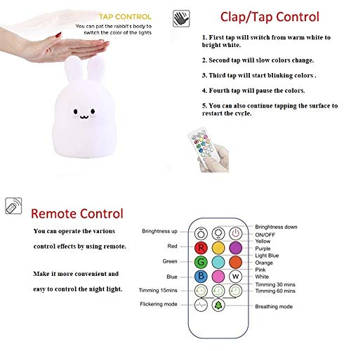 ATOMFIT LED Nursery Night Lights for Kids: Cute Animal Silicone Baby Night Light with Touch Sensor and Remote - Portable and Rechargeable Infant or Toddler Cool Color Changing Bright (Bunny)