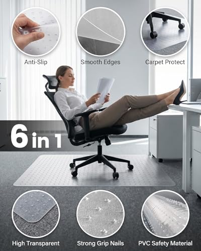 PVC Office Chair Mat for Carpet Floors, 90x120 cm Non-Slip Clear Floor Protectors, 2.2mm Thick Plastic Desk Chair Mat, Anti-Scratch Floor Protection Mat for Home Office Computer Desk Rolling Chair