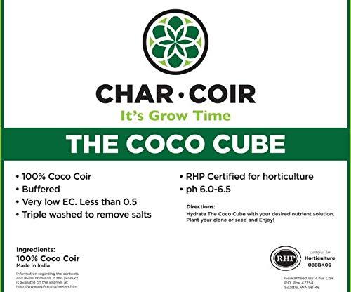 Char Coir Coco Cube, 100% RHP Certified Coco Coir in Aerated Fabric Bag for Seed or Clone, Buffered, pH Stable, Low EC, Triple Washed, for Hydroponics, Flowers, Vegetables, Herbs and More, 1 Gal