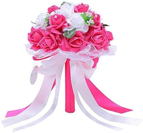 Handmade Wedding Bridal Bouquet Artificial Flowers Rose with Fake Pearl and Ribbon for Bridesmaid Bride