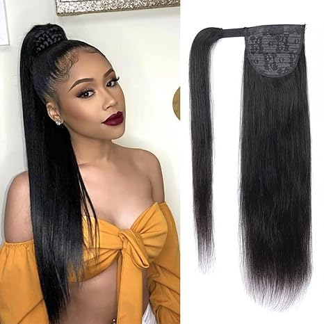 Datanala Straight Human Hair Ponytail Brazilian Virgin 100% Unprocessed Human Hair Long Inch Straight Magic Paste Ponytail natural Black color(22Inch, straight ponytail) — image 1