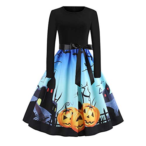 Sunhusing Ladies Housewife Halloween Vintage 50s Printing Long Sleeve Bow Ribbon Belt Lace-Up Prom Flare Dress Blue
