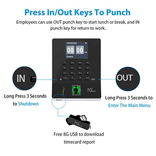 Time Clocks for Employees Small Business, 2.4GHz WiFi LAN Biometric
