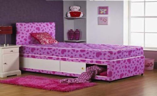3FT SINGLE SOMNIOR PINK LOVE HEART DIVAN BED WITH SLIDER STORAGE AND HEADBOARD by Somnior Beds