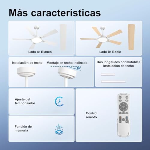 Ventilador de Techo con Luz LED, 52" Abanicos de Techo de 132 cm, Control Remoto, 6 Velocidades, Temporizador 1/4/8H para Recámara, Sala y Estudio, Blanco