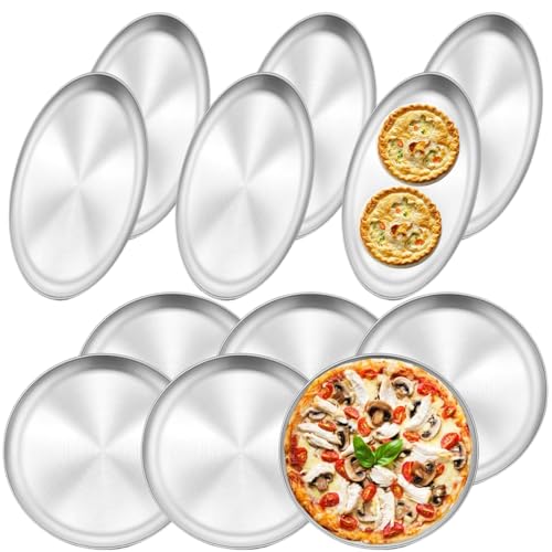 RHBLME 12 Pack Stainless Steel Pizza Pan, 8 Inch Stainless Steel Serving Tray for Oven, Steel Pizza Tray Round Pizza Plate Silver Serving Tray for Dessert Sushi Pie Pizza Taco