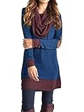 Famulily Women's Cowl Neck Tops Two Tone Color Block Pullovers Elbow Patchs Loose Long Tunic Blouse(XL,Blue)