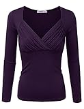 Doublju Womens Long Sleeve Deep V-Neck Ruched Blouse Top