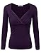 Doublju Womens Long Sleeve Deep V-Neck Ruched Blouse Top