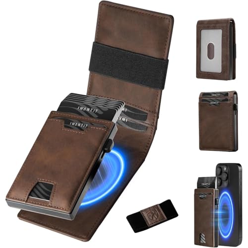 3-in-1 Magnetic Magsafe Wallet for Men, Pop Up Bifold Wallet, RFID Blocking Minimalist Front Pocket Card Holder, Holds 6-7 Cards & Cash, Ultra Slim, Ideal Gift for Men (Brown)