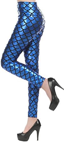 Grazing Women's High Waist Stretch Mermaid Scales Digital Printing Full Length Leggings (Regular, Dark Blue)