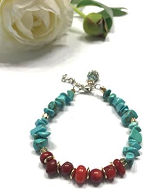 Natural Red Coral and Turquoise Colored Howlite Stone Bracelet. Cute Blue Sea Shell Charm. Beachy, Playful, and Fun Style. Spiritual Healing. Feng Shui Symbol of Luxury.