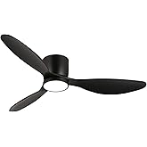 reiga 52 Inch Wood Black Modern Flush Mount Indoor Ceiling Fan with Light and Remote, 3 Propeller Blade, Quiet DC Motor for B