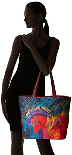 Zeckos Laurel Burch Wild Horses of Fire Multicolor Cotton Large Shoulder Tote Bag