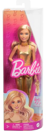 - Bambola Fashionistas n. 222, silhouette petite con capelli biondi ondulati, accessori dorati e tuta alla moda, da collezione per il 65° anniversario, giocattolo per bambini, 3+ anni, HRH19
