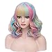 BERON 14 Inches Rainbow Wig Short Wavy Wig Rainbow Wigs with Bangs Bob Wig Colorful Wig for Women Wig Cap Include