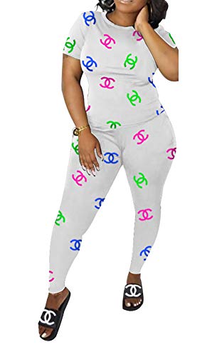 Verchirs Womens Plus Size 2 Piece Outfits Letter Print Short Sleeve Swweater Crop Top and Joggings Set Tracksuit Romper