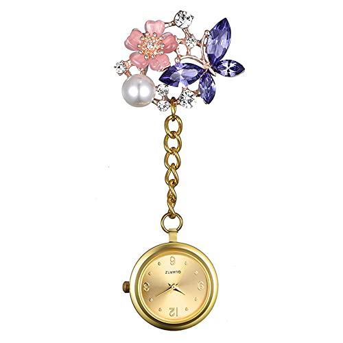1PC Women Girl Flower Butterfly Brooch Nurse Watch Pin on with Secondhand Stethoscope Lapel Fob Pocket Badge Watches for Doctor Nurse Easy to Read
