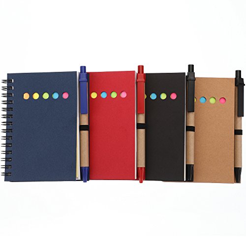 Maxdot 4 Pieces Steno Pocket Business Notebook Spiral Lined Notepad Set with Pen in Holder, Sticky Colored Notes Page Marker Tabs, 4 Colors Cover