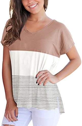 Women's Short Sleeve Shirts Color Block Casual for Work Tops and Blouses Summer 2018 Loose Tees Brown M