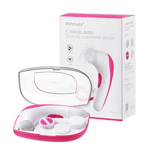 【2019 Upgraded】ETEREAUTY Facial Cleansing Brush, Waterproof Face Brush with 4 Brush Heads and a Protective Travel Case - Deep Cleansing, Gentle Exfoliating, Removing Blackhead for Face and Body, Pink