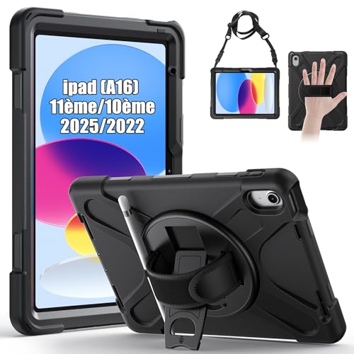 Gerutek Shockproof Case for iPad (A16) 11th/10th Generation (11/10.9 inch) 2025/2022, iPad 10th Case, Rugged Case with 360 Rotating Stand, Hand Strap and Shoulder Strap, Pen Holder, Black