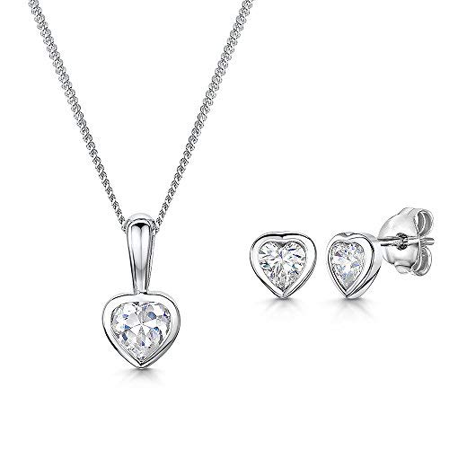 JOOLS by Jenny Brown - Sterling Silver Heart Shaped Solitaire Pendant And Earring Set - Set with Three Quarter Carat Stones - Rhodium Finished, Tarnish Free - Gift Packaging Included