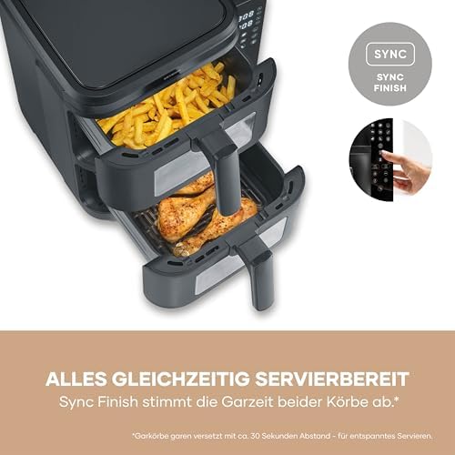 Duo Stack Heißluftfritteuse, 2 x 5,5 L Garraum, 2 Kammern, gesundes Kochen, 9 Automatik-Programme, Fritteuse ohne Fett, platzsparendes Design, doppelstöckig, S-Fry, 2800 W, schwarz, FR 9598