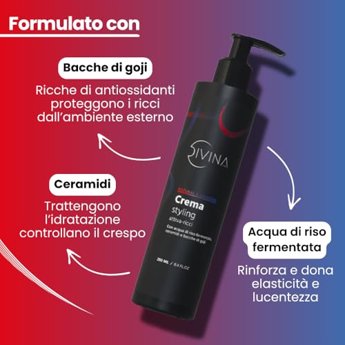 DIVINA BLK Natural&Amazing Styling Cream for Wavy Curly, Super Curly, Ultra Defined and Stretchy Hair with Rice Water, Ceramides and Goji Berries (250ml)