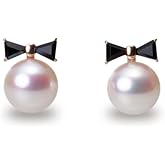 Japanese 7.0mm Akoya Cultured Pearl with Onyx Earrings for Women with 18K Rose Gold | Lovely Design Excellent Gift | Pearl Earrings