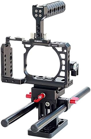 FILMCITY DSLM Video Camera Cage for SONY Alpha A6500/ILCE-6500 4K| Professional Aluminum Cage with Top handle + ARCA QR plate + NATO rail + Rod Support + Tripod/Accessory Mounting option (FC-A65-CHRS)