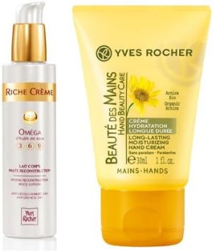 Yves Rocher FRANCE Riche Creme Omega 369 d'huille de soya Ultra Reconstructive Body Lotion, 6.7 fl oz (+50 years/ mature skin). &amp; Beaute des mains Long Lasting Hand Cream, 30 ml