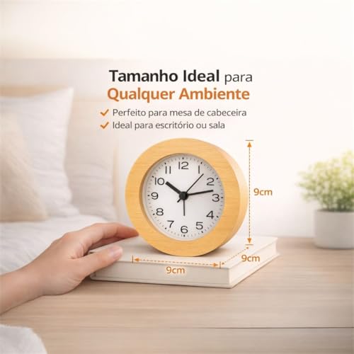 Relógio de Mesa Analógico de Madeira Redondo Decorativo Silencioso 11cm Design Decorativo Sem Tique-Taque Com Led Escritório