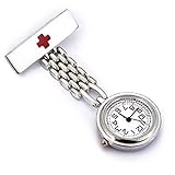 WZC Silver Quartz Stainless Steel Red Cross Nurses Lapel Pin Watch with Luminous Hands WZC logo Pendant