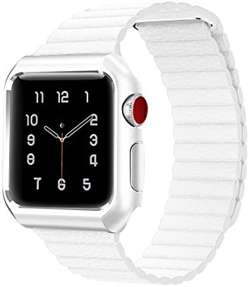 Sworddy for Apple Watch Leather Band, Magnetic Clasp Genuine Leather Loop Band with Built-in Shockproof Protective Stainless Steel Bumper Case for Apple Watch Series 3 / 2 / 1 [42MM White]