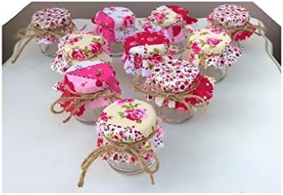 Mini Jam Jar Wedding Favours SET OF 10 Pink Patchwork 1.5 oz Wedding Favours Make your Own DIY Shabby Chic Vintage Table Decorations Baby Shower Christening or Homemade Gifts